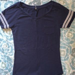 a navy blue long shirt. v neck style.